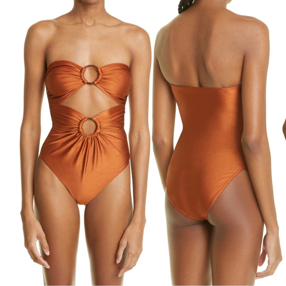 Zimmermann Cutout Ring Detail Strapless One-Piece Swimsuit in Caramel